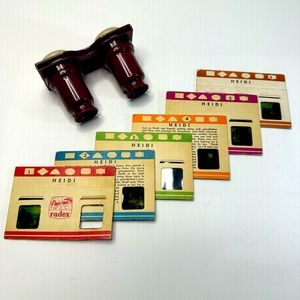VTG 40s Radex Stereo Viewer 3D Reader Red Childrens Entertainment Heidi Story1-6